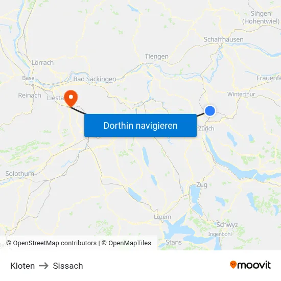 Kloten to Sissach map