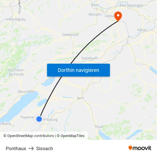 Ponthaux to Sissach map