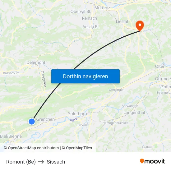 Romont (Be) to Sissach map