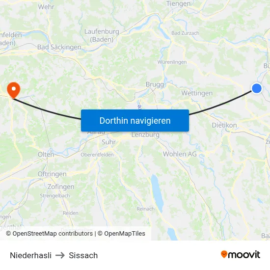 Niederhasli to Sissach map