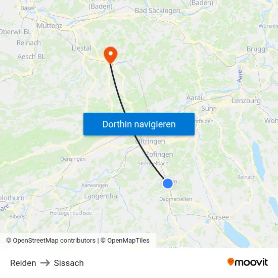 Reiden to Sissach map