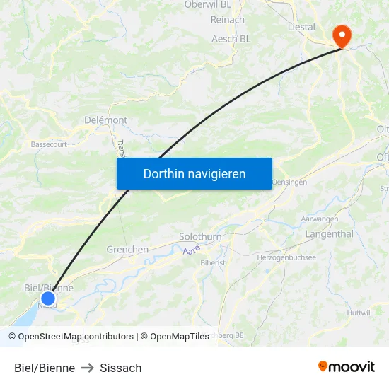 Biel/Bienne to Sissach map