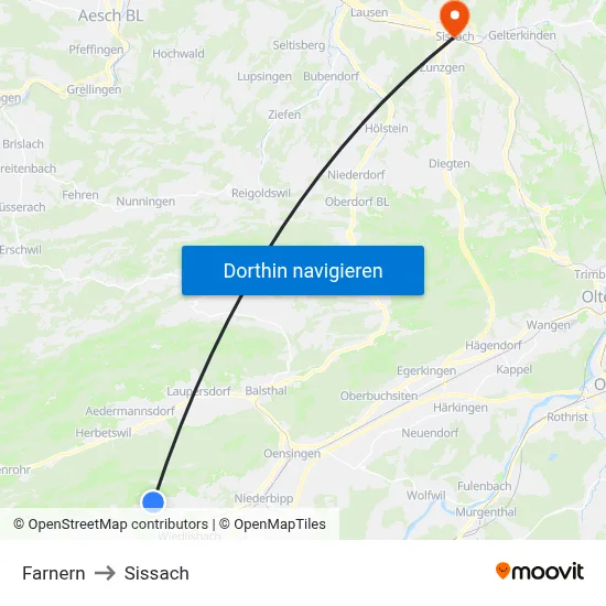 Farnern to Sissach map