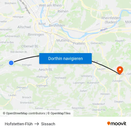 Hofstetten-Flüh to Sissach map