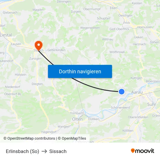 Erlinsbach (So) to Sissach map