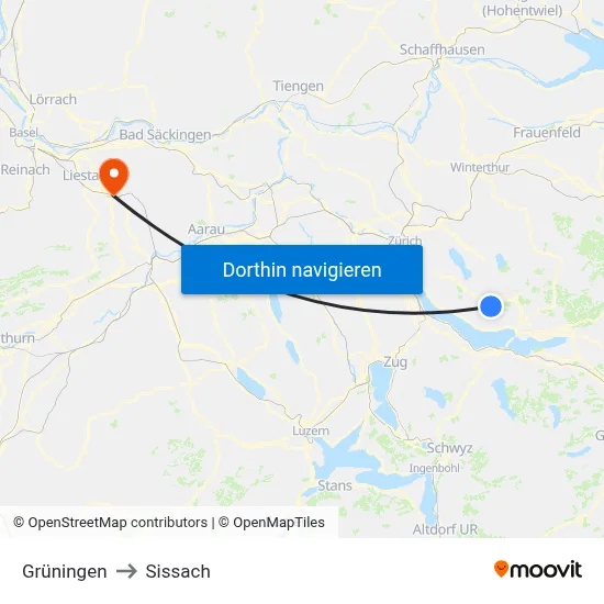 Grüningen to Sissach map