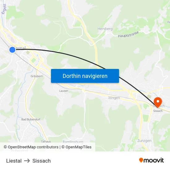 Liestal to Sissach map