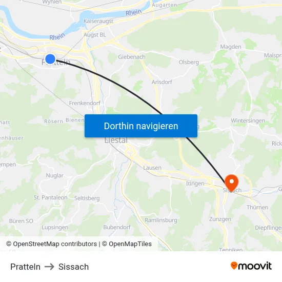 Pratteln to Sissach map