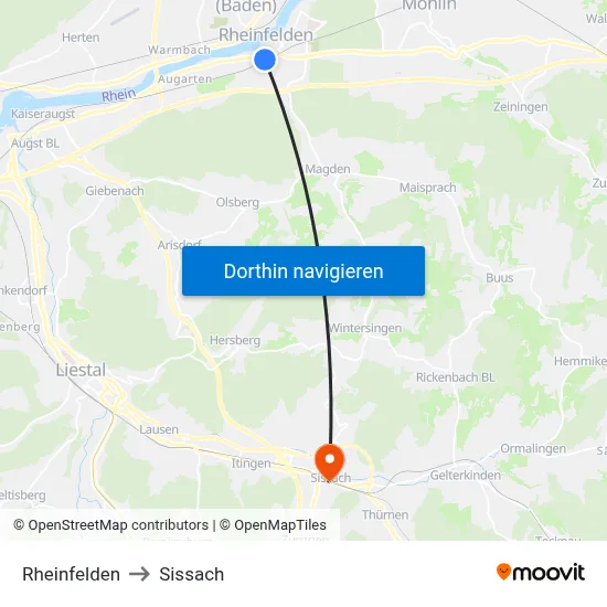 Rheinfelden to Sissach map