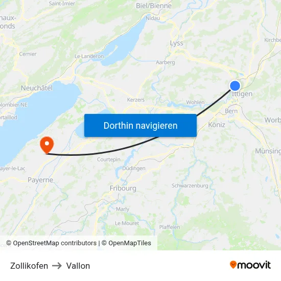 Zollikofen to Vallon map