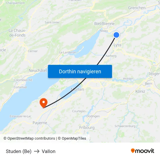 Studen (Be) to Vallon map