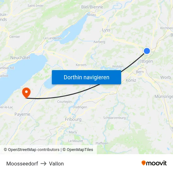 Moosseedorf to Vallon map