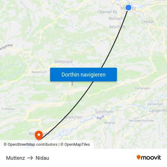 Muttenz to Nidau map