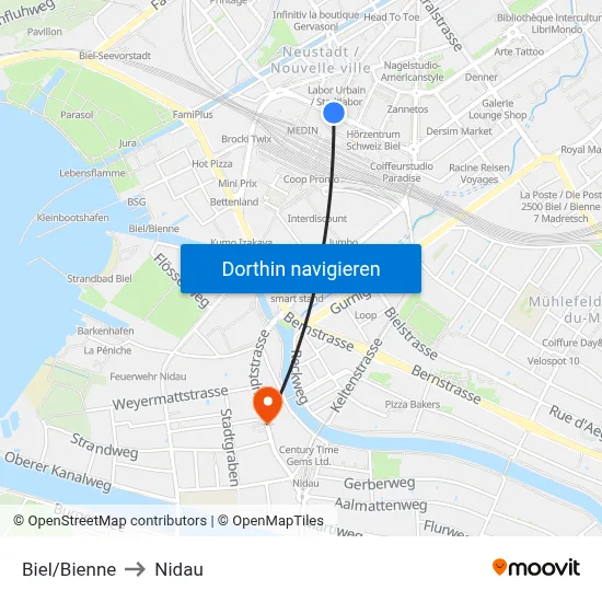 Biel/Bienne to Nidau map