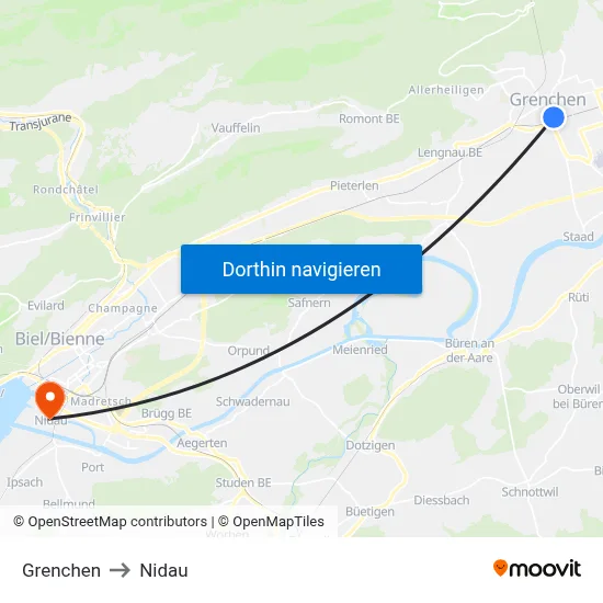 Grenchen to Nidau map