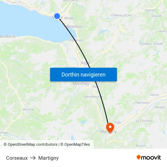 Corseaux to Martigny map