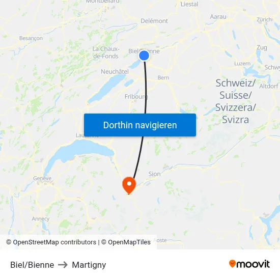 Biel/Bienne to Martigny map