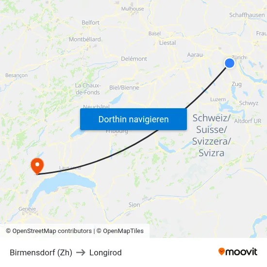 Birmensdorf (Zh) to Longirod map