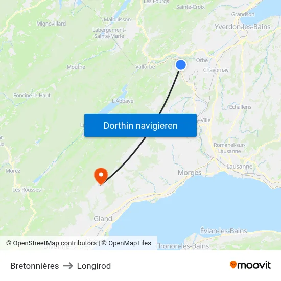 Bretonnières to Longirod map