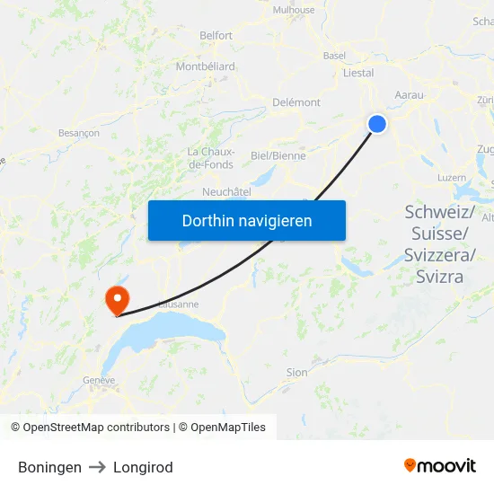 Boningen to Longirod map