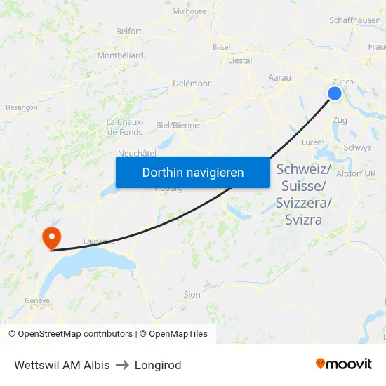 Wettswil AM Albis to Longirod map
