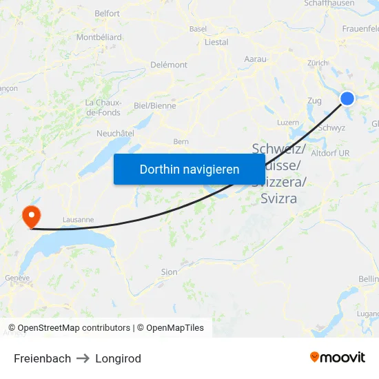 Freienbach to Longirod map