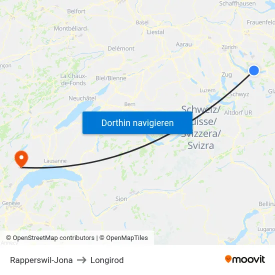 Rapperswil-Jona to Longirod map
