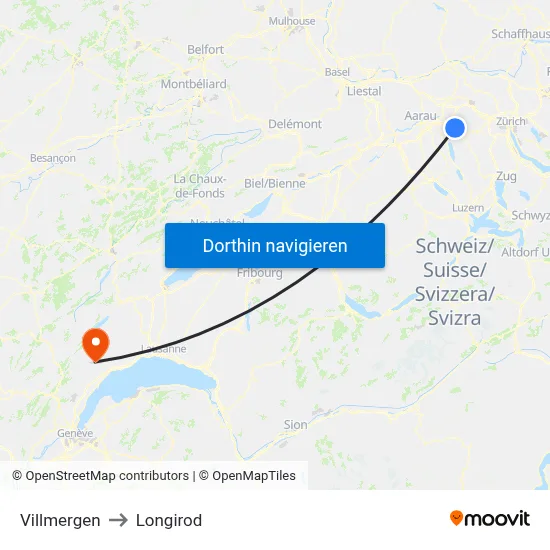 Villmergen to Longirod map