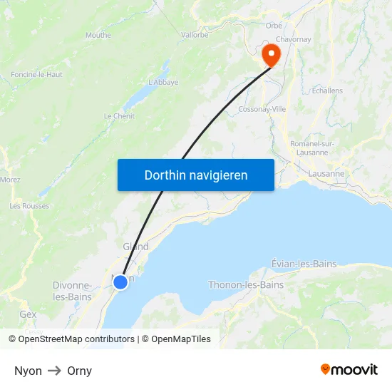 Nyon to Orny map