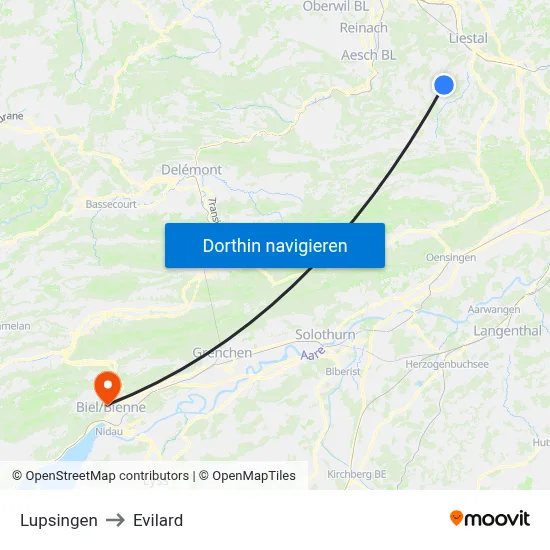 Lupsingen to Evilard map