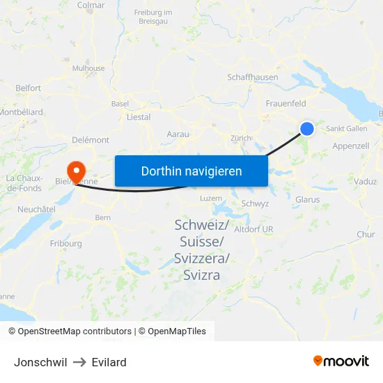Jonschwil to Evilard map