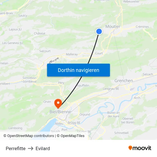 Perrefitte to Evilard map