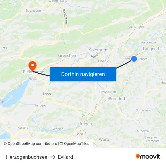 Herzogenbuchsee to Evilard map