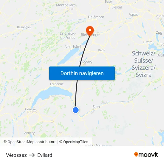 Vérossaz to Evilard map