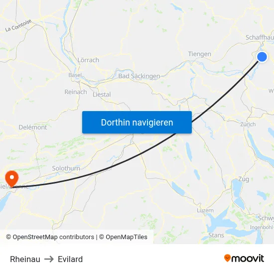 Rheinau to Evilard map