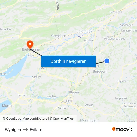 Wynigen to Evilard map