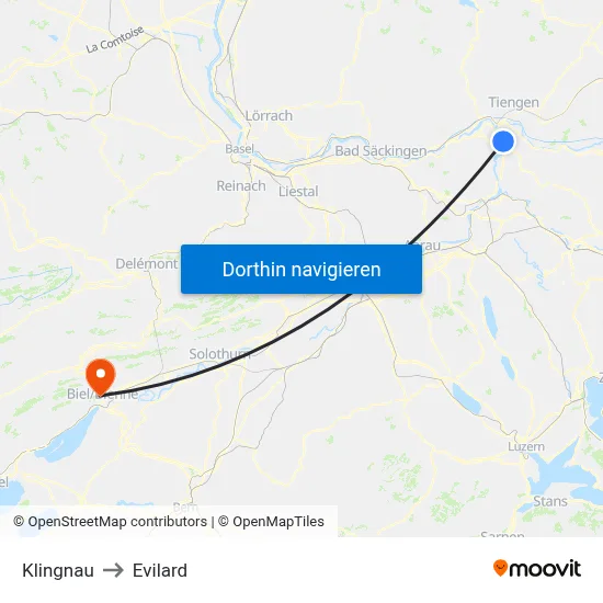 Klingnau to Evilard map