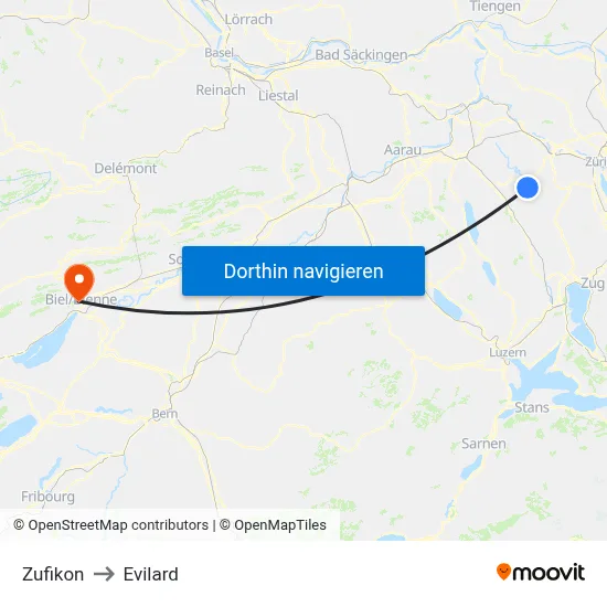 Zufikon to Evilard map