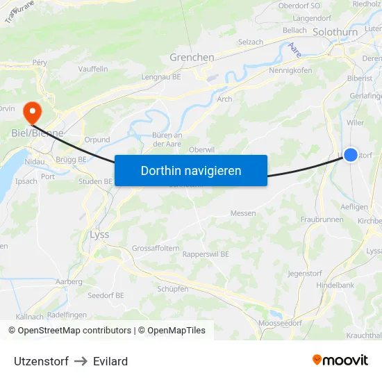 Utzenstorf to Evilard map