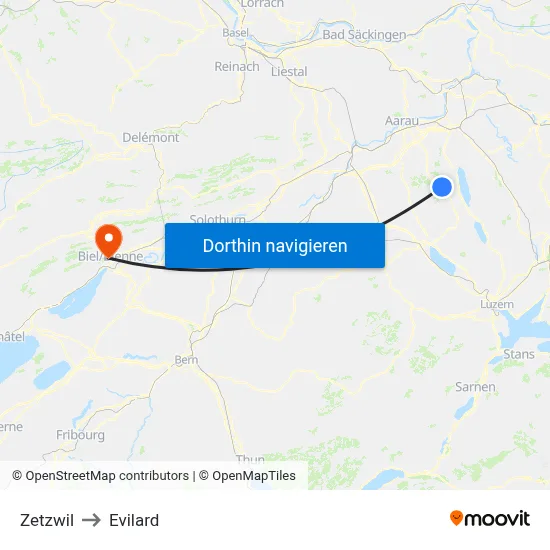 Zetzwil to Evilard map
