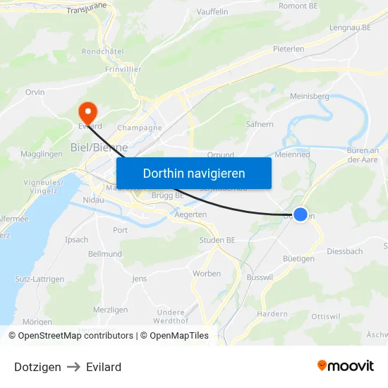 Dotzigen to Evilard map