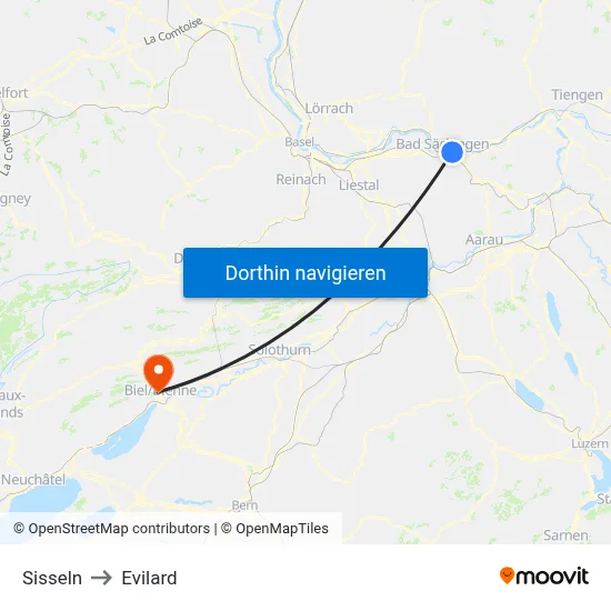 Sisseln to Evilard map