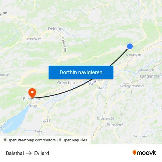 Balsthal to Evilard map