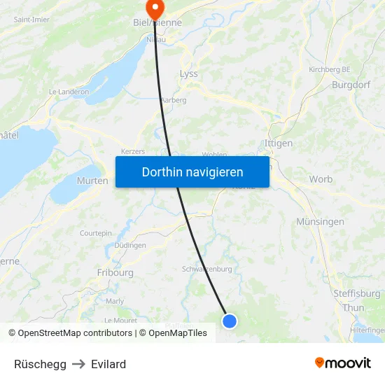 Rüschegg to Evilard map