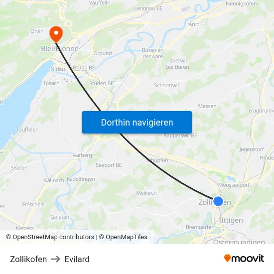 Zollikofen to Evilard map