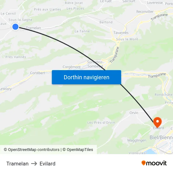Tramelan to Evilard map