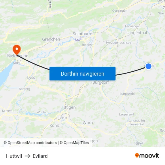 Huttwil to Evilard map