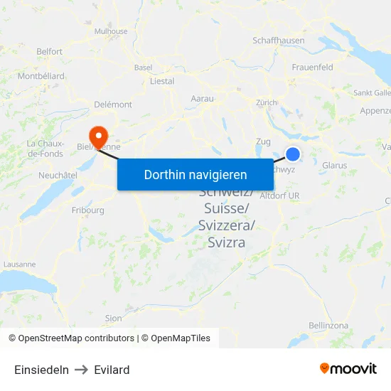 Einsiedeln to Evilard map