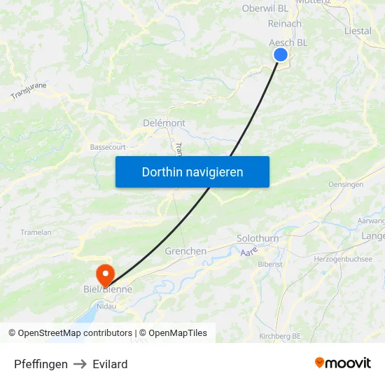 Pfeffingen to Evilard map
