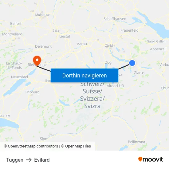 Tuggen to Evilard map